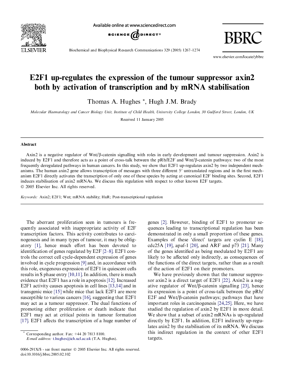 E2F1 up-regulates the expression of the tumour suppressor axin2 both by activation of transcription and by mRNA stabilisation