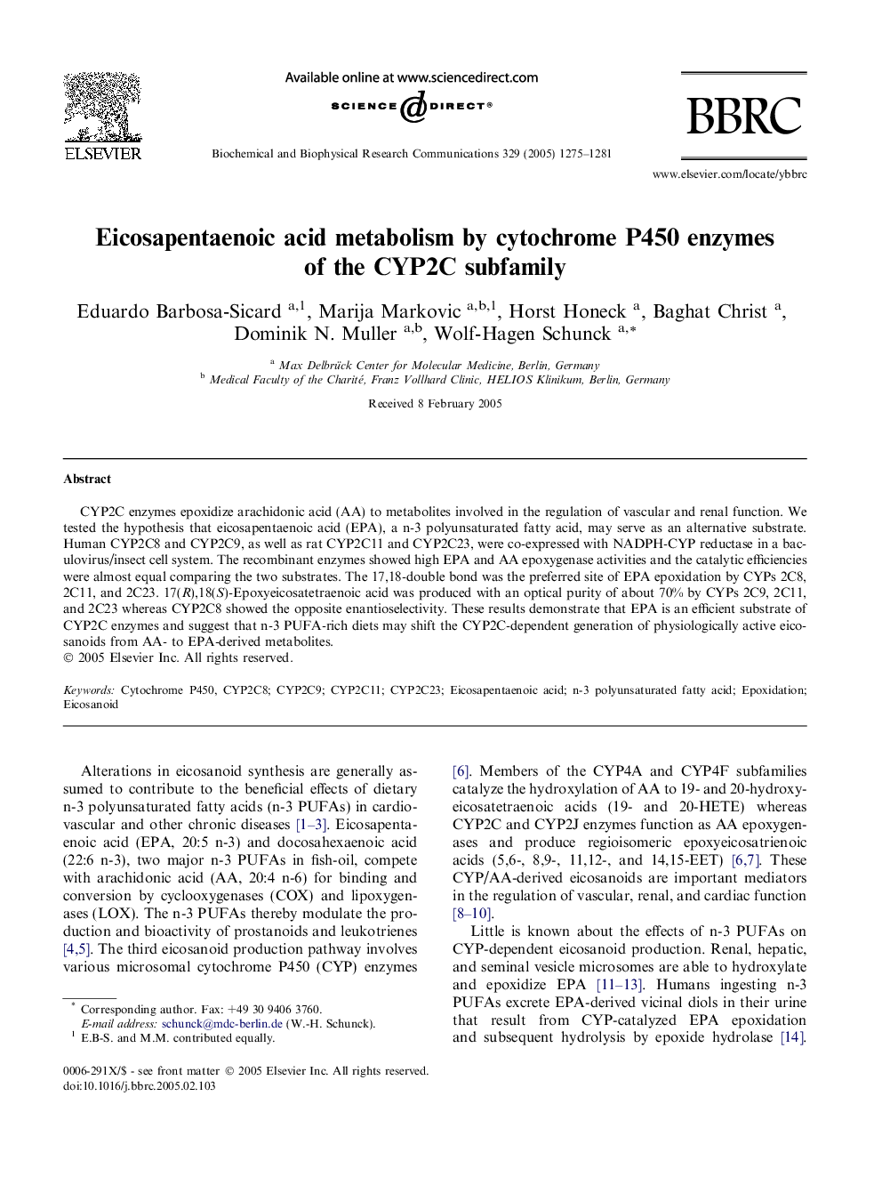 Eicosapentaenoic acid metabolism by cytochrome P450 enzymes of the CYP2C subfamily