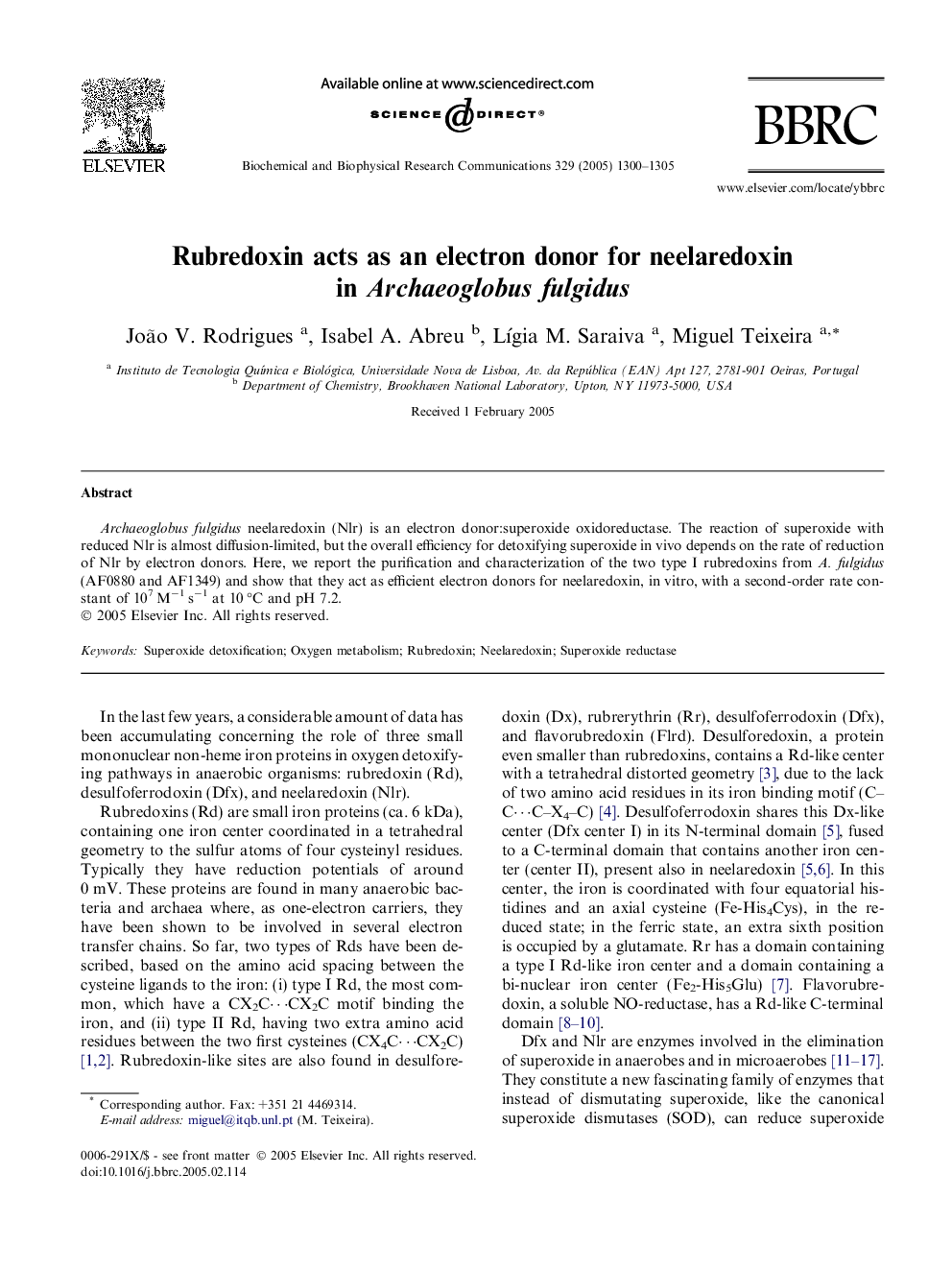 Rubredoxin acts as an electron donor for neelaredoxin in Archaeoglobus fulgidus