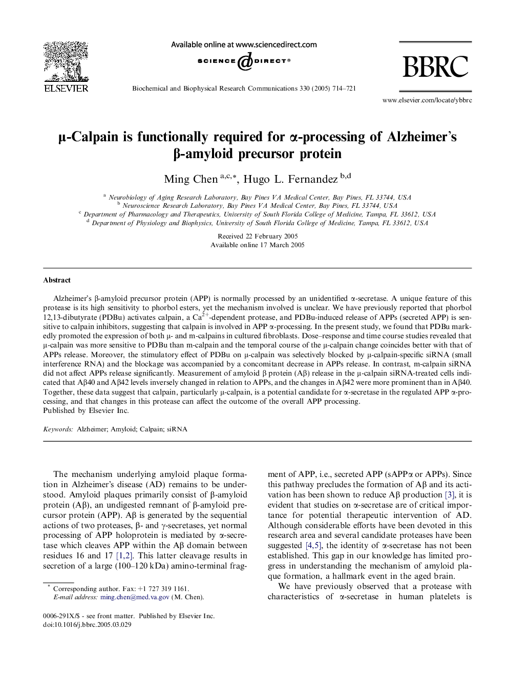 Î¼-Calpain is functionally required for Î±-processing of Alzheimer's Î²-amyloid precursor protein