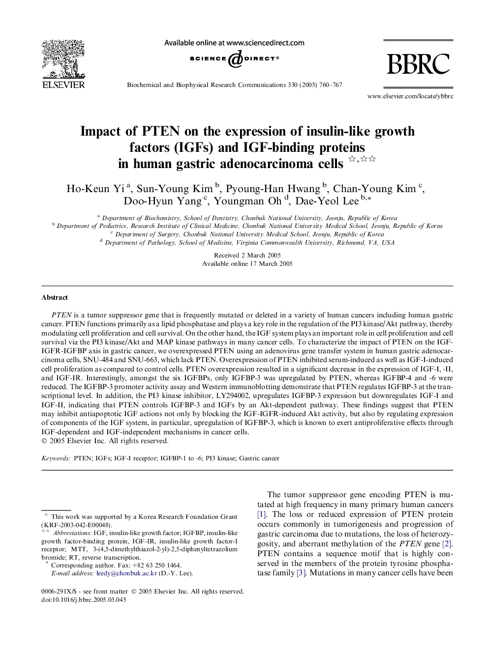 Impact of PTEN on the expression of insulin-like growth factors (IGFs) and IGF-binding proteins in human gastric adenocarcinoma cells