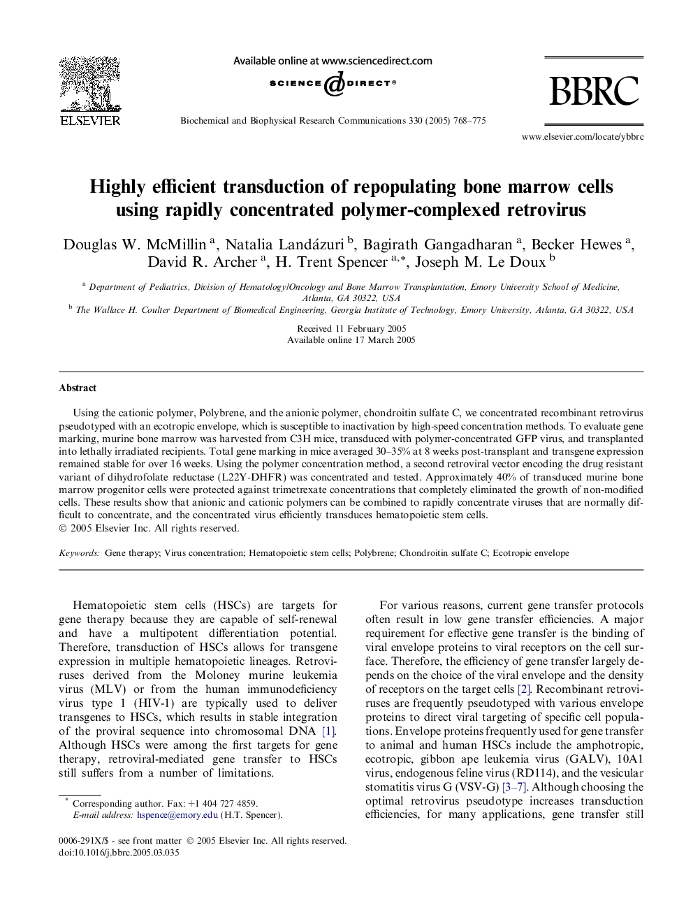 Highly efficient transduction of repopulating bone marrow cells using rapidly concentrated polymer-complexed retrovirus