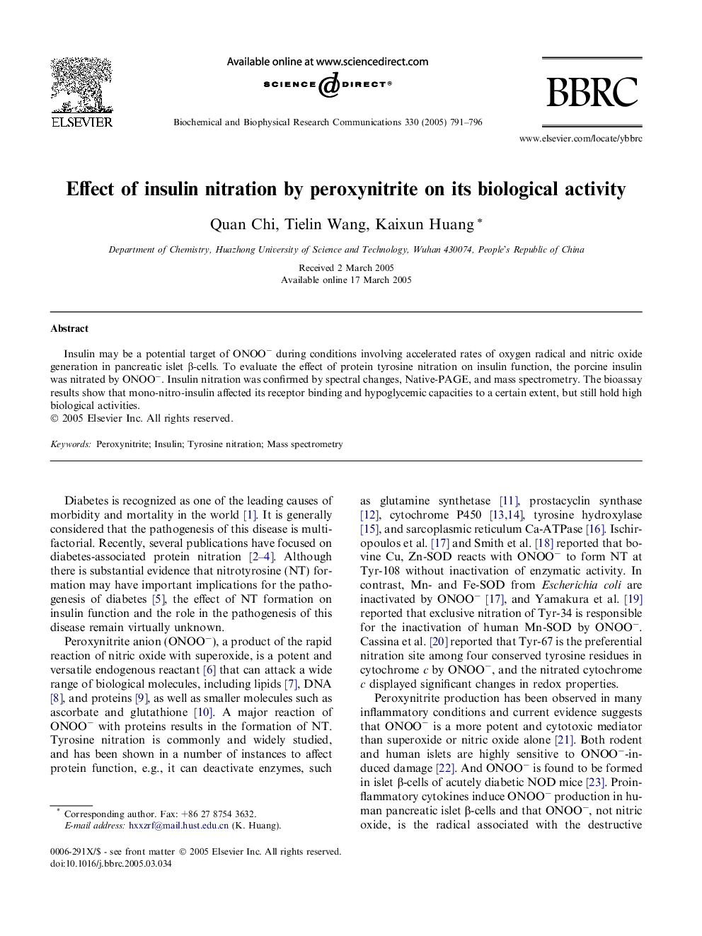 Effect of insulin nitration by peroxynitrite on its biological activity