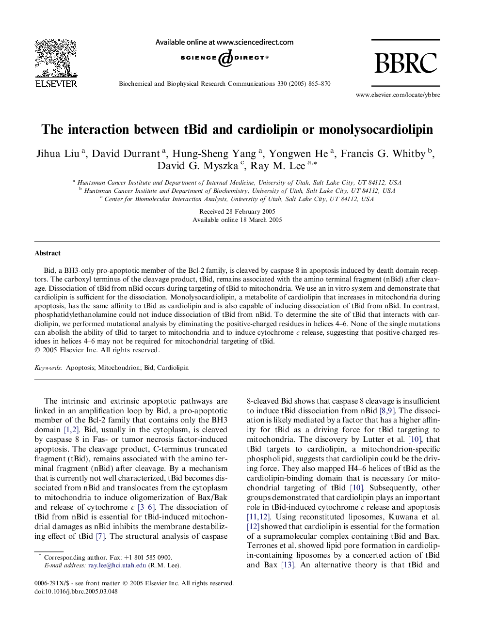 The interaction between tBid and cardiolipin or monolysocardiolipin