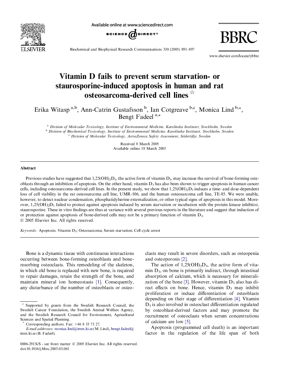 Vitamin D fails to prevent serum starvation- or staurosporine-induced apoptosis in human and rat osteosarcoma-derived cell lines