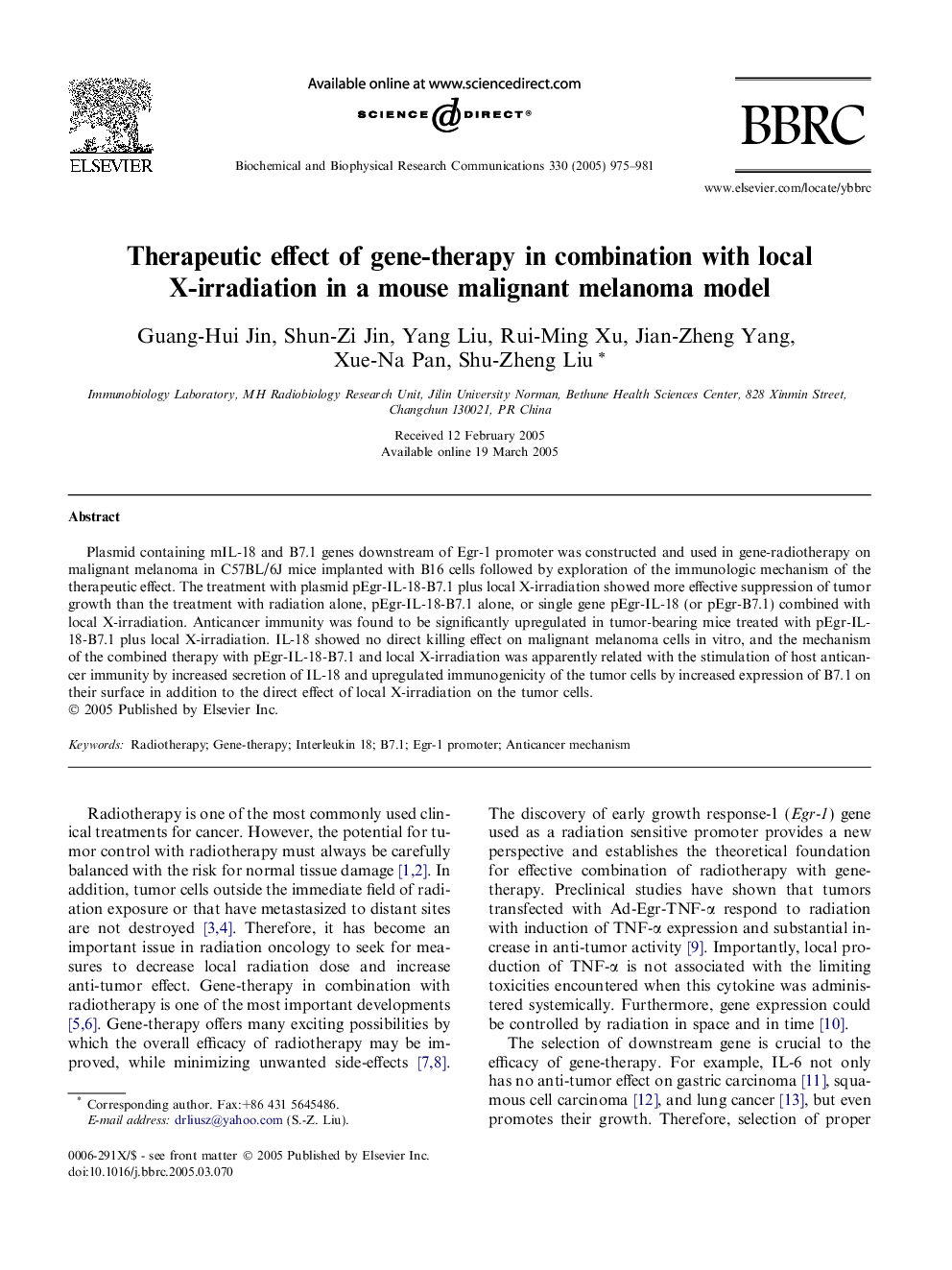 Therapeutic effect of gene-therapy in combination with local X-irradiation in a mouse malignant melanoma model