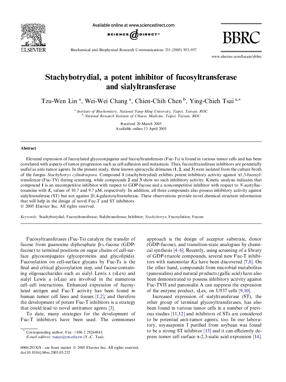 Stachybotrydial, a potent inhibitor of fucosyltransferase and sialyltransferase