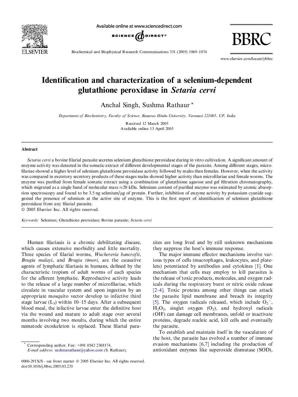 Identification and characterization of a selenium-dependent glutathione peroxidase in Setaria cervi