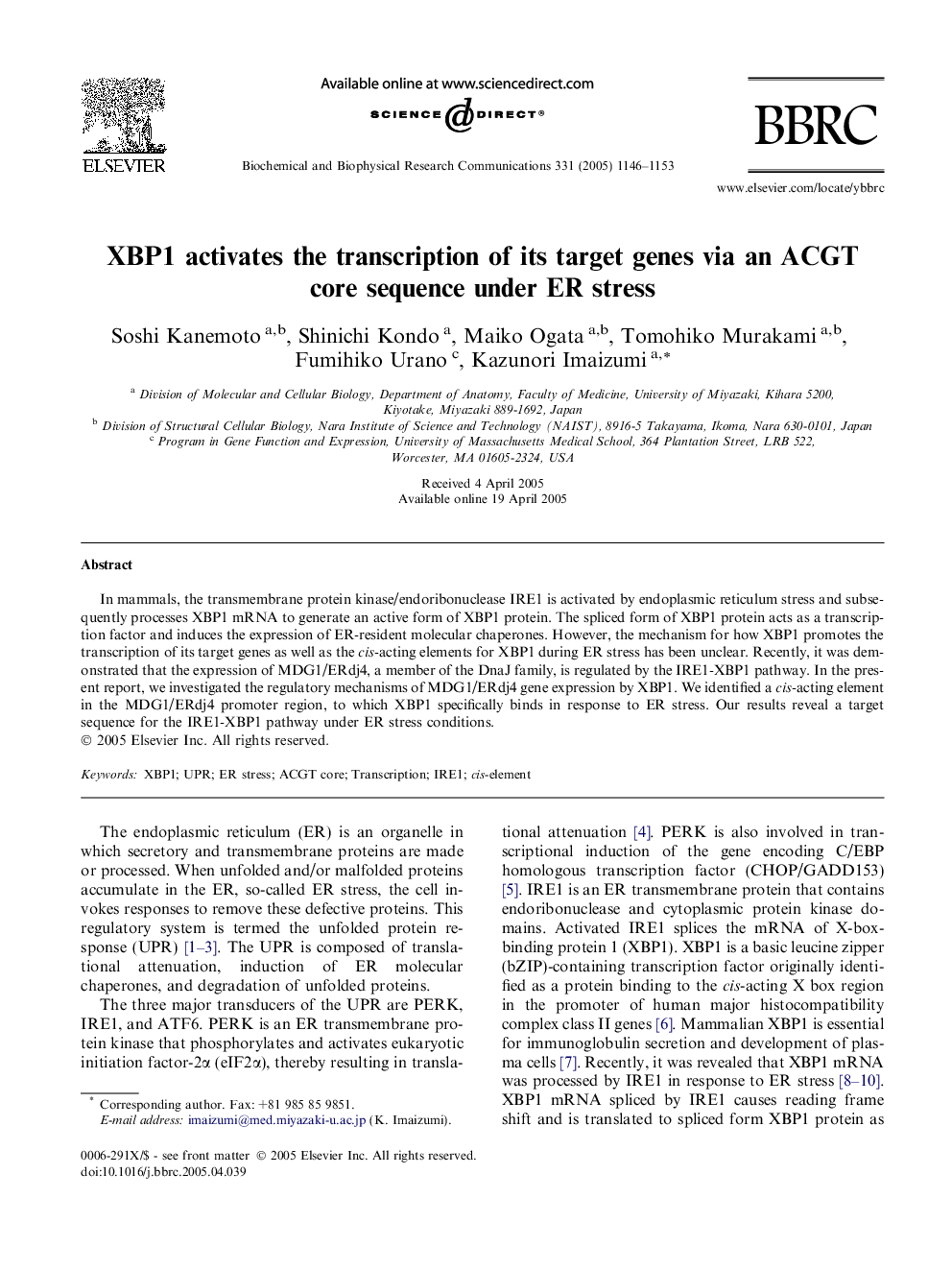 XBP1 activates the transcription of its target genes via an ACGT core sequence under ER stress