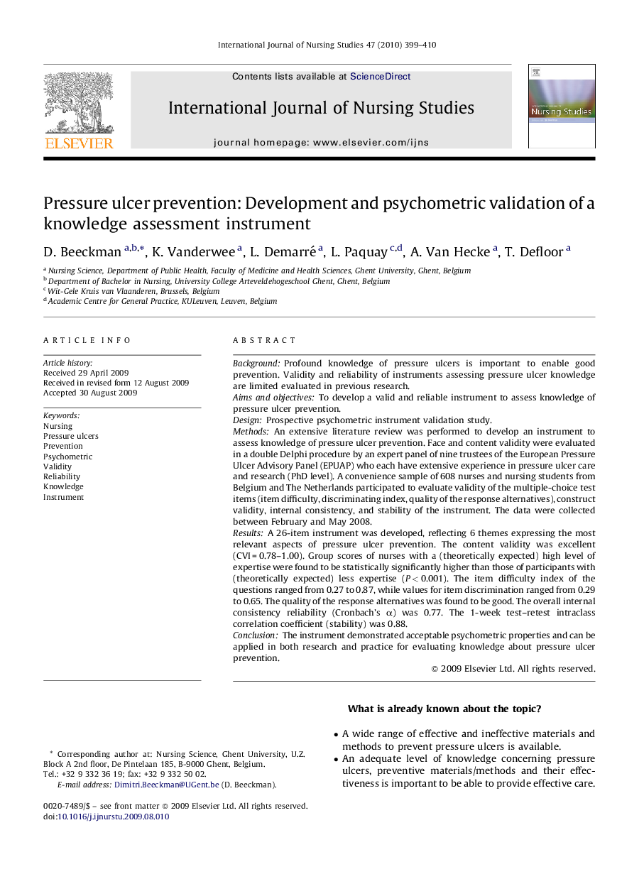 عکس صفحه اول مقاله: Pressure ulcer prevention: Development and psychometric validation of a knowledge assessment instrument Pressure ulcer prevention: Development and psychometric validation of a knowledge assessment instrument