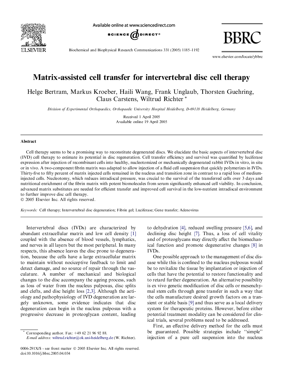 Matrix-assisted cell transfer for intervertebral disc cell therapy