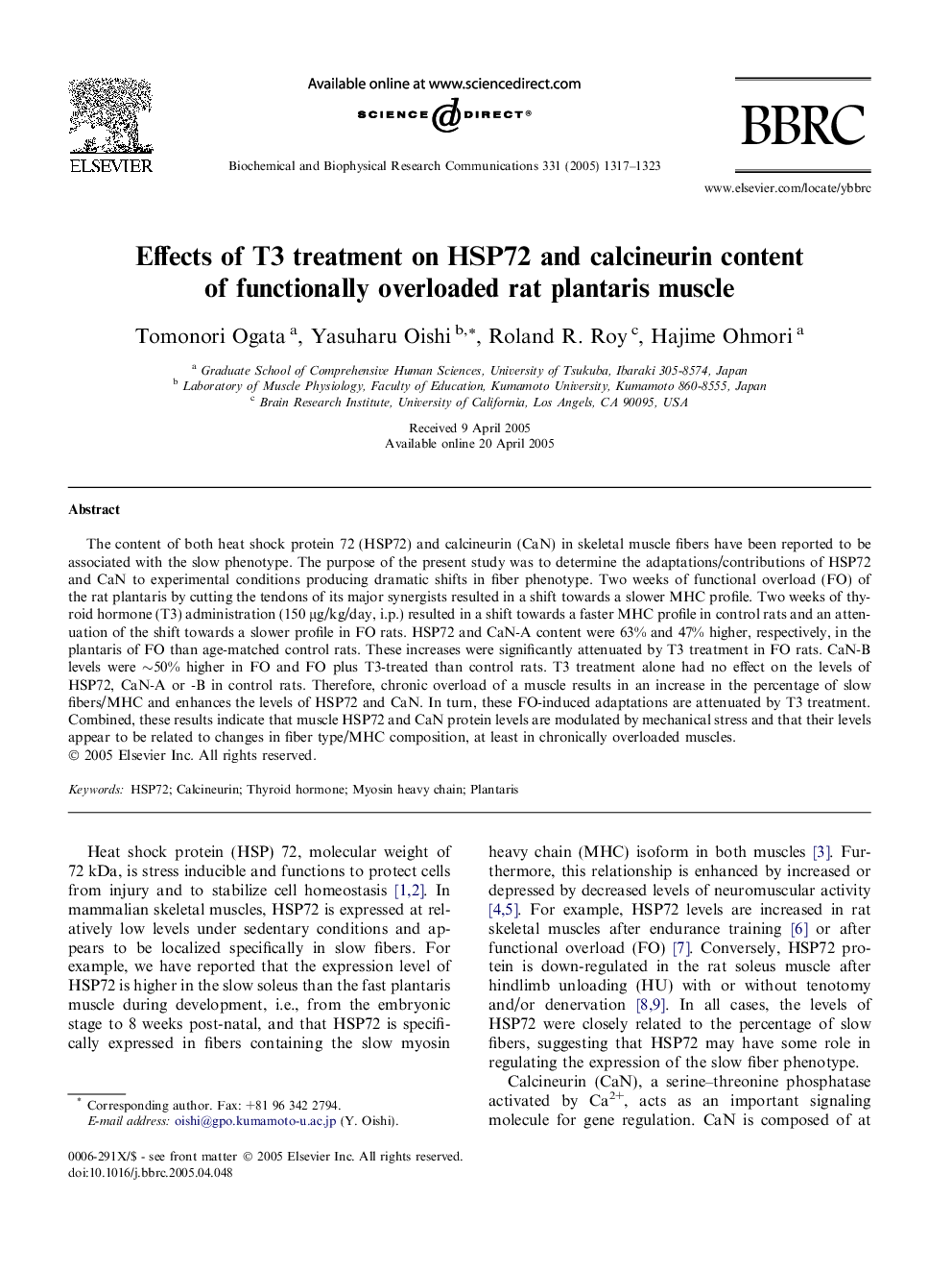 Effects of T3 treatment on HSP72 and calcineurin content of functionally overloaded rat plantaris muscle