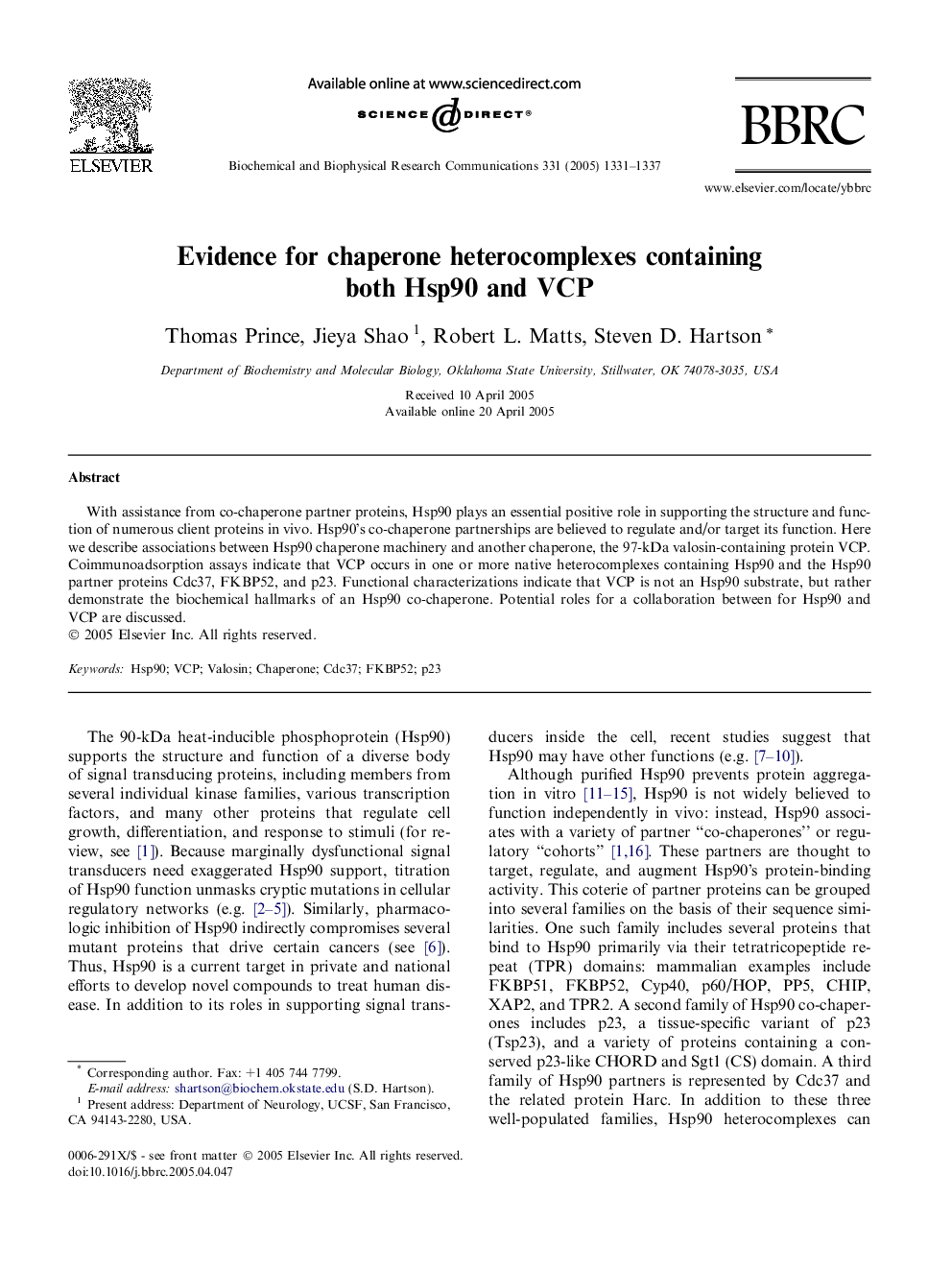 Evidence for chaperone heterocomplexes containing both Hsp90 and VCP