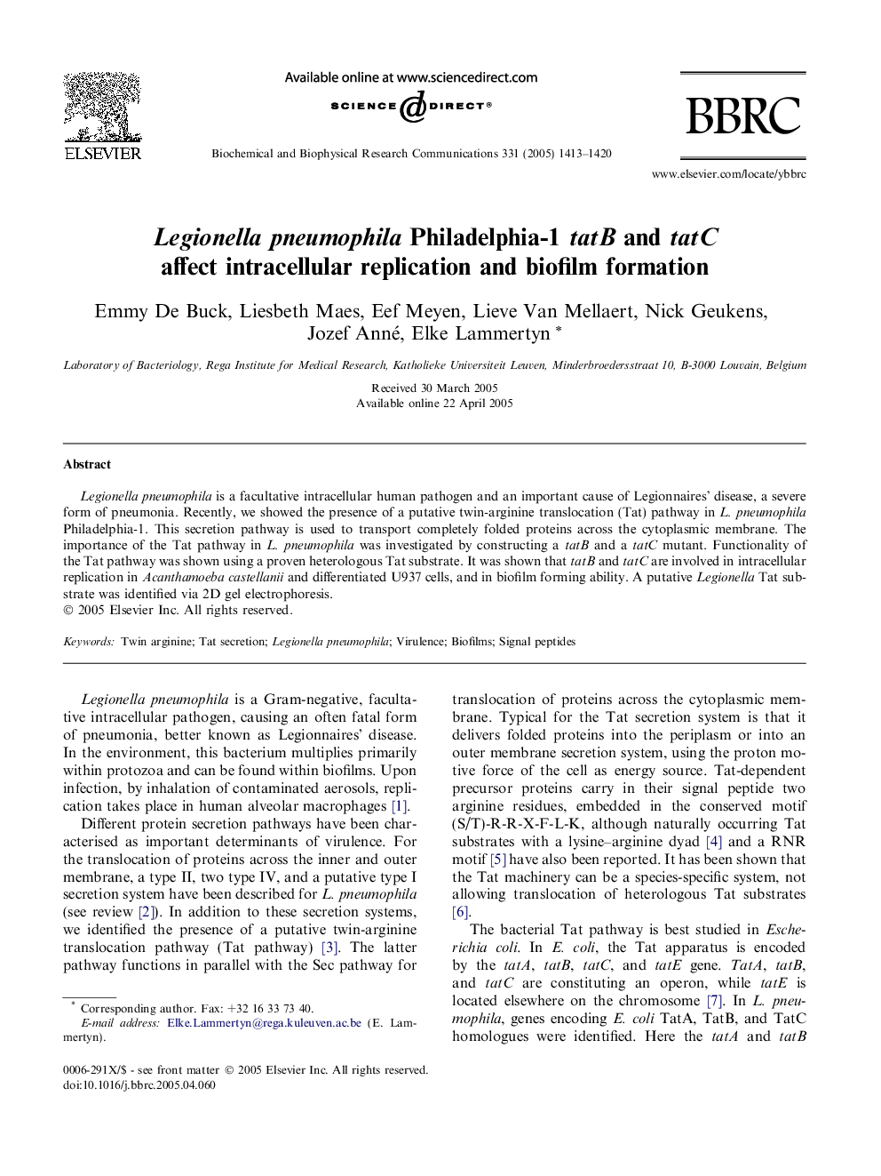 Legionella pneumophila Philadelphia-1 tatB and tatC affect intracellular replication and biofilm formation