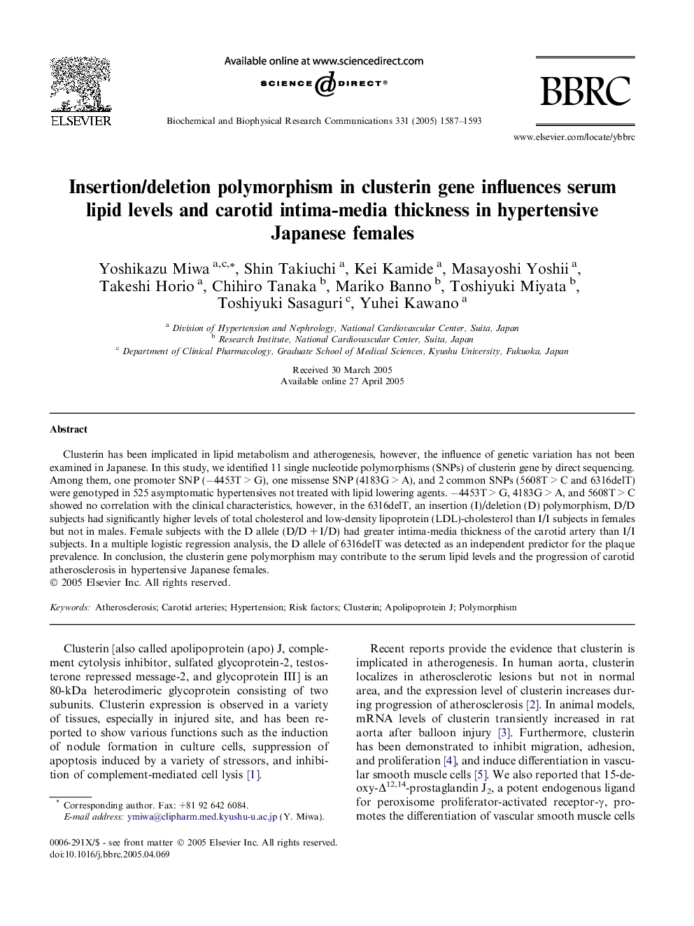 Insertion/deletion polymorphism in clusterin gene influences serum lipid levels and carotid intima-media thickness in hypertensive Japanese females