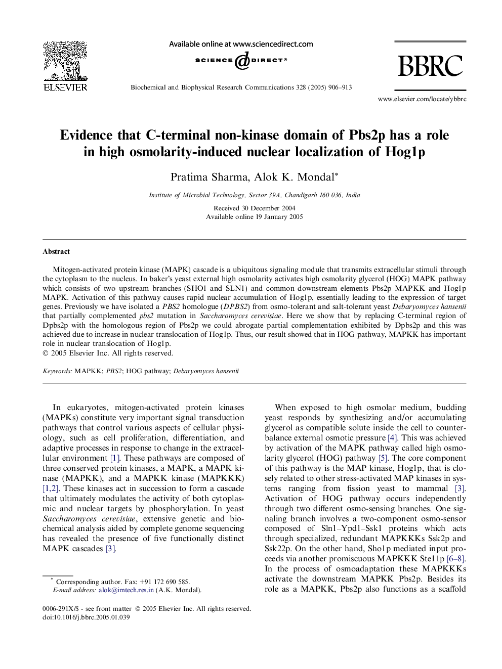 Evidence that C-terminal non-kinase domain of Pbs2p has a role in high osmolarity-induced nuclear localization of Hog1p