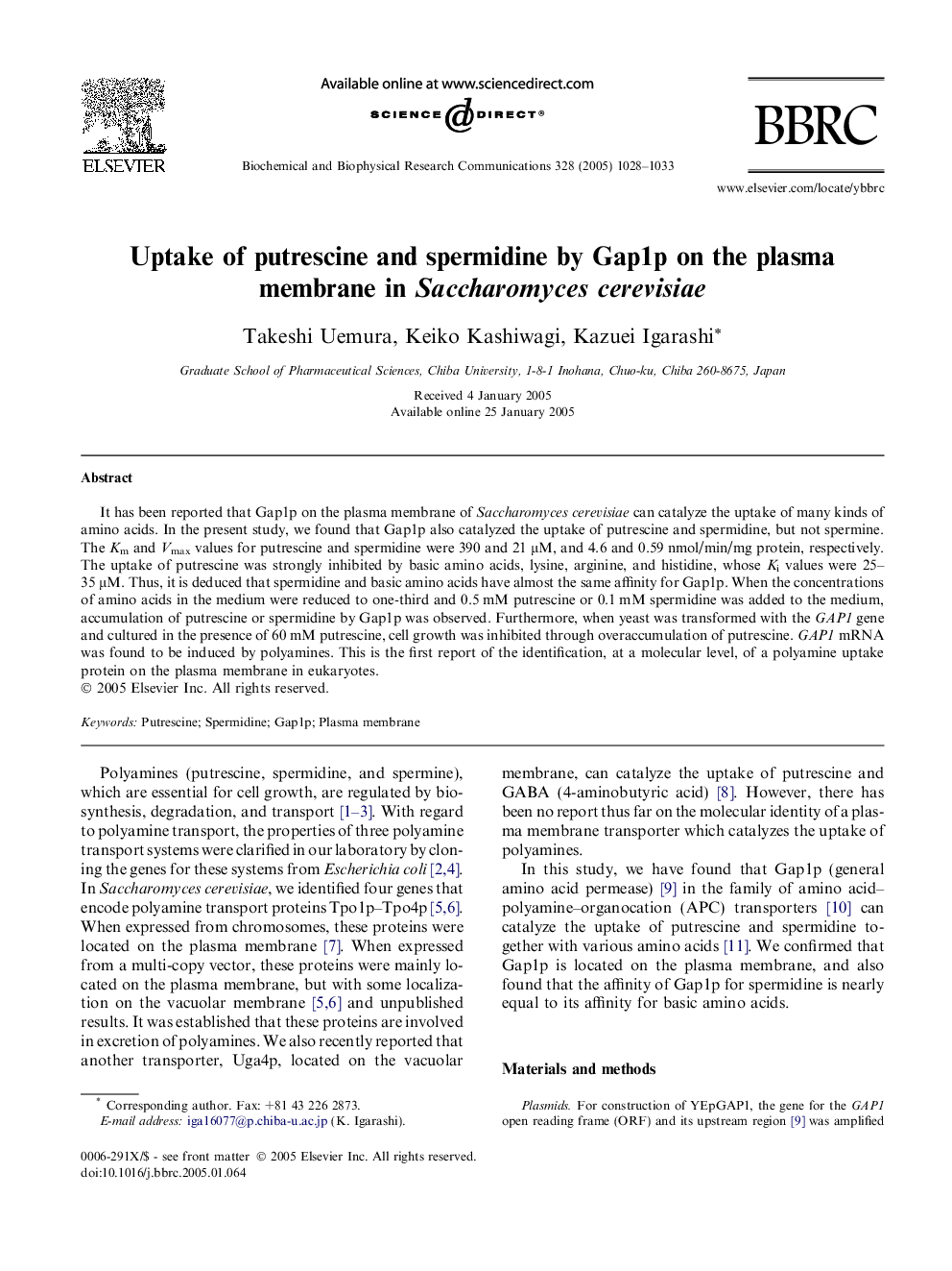 Uptake of putrescine and spermidine by Gap1p on the plasma membrane in Saccharomyces cerevisiae