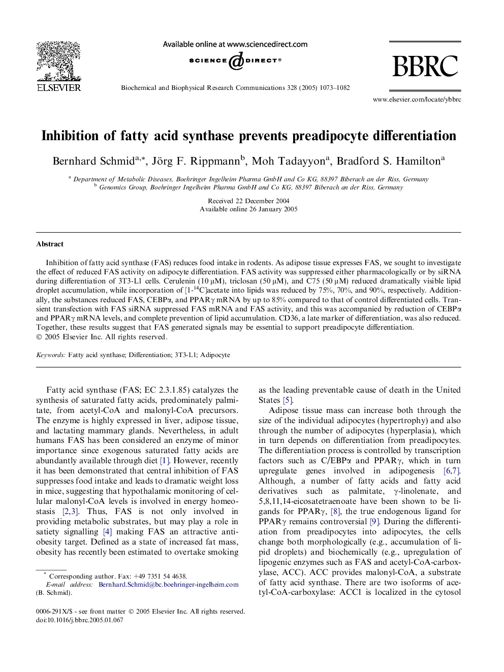 Inhibition of fatty acid synthase prevents preadipocyte differentiation