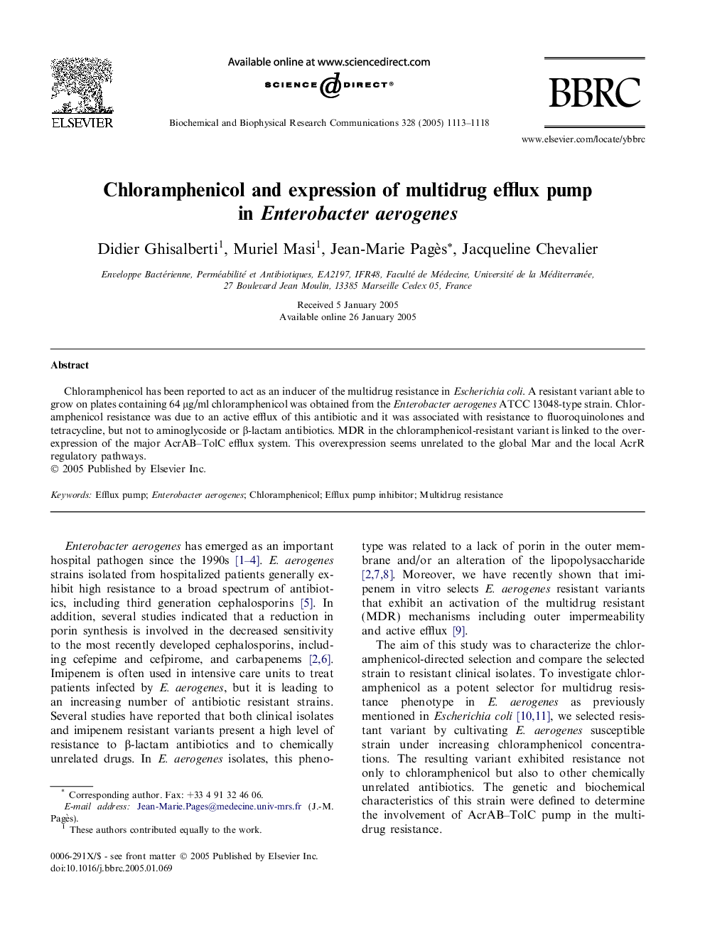 Chloramphenicol and expression of multidrug efflux pump in Enterobacter aerogenes