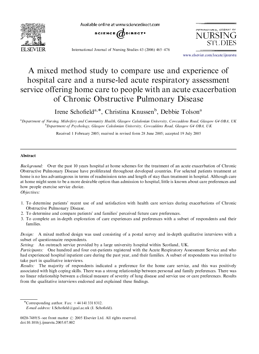 A mixed method study to compare use and experience of hospital care and a nurse-led acute respiratory assessment service offering home care to people with an acute exacerbation of Chronic Obstructive Pulmonary Disease