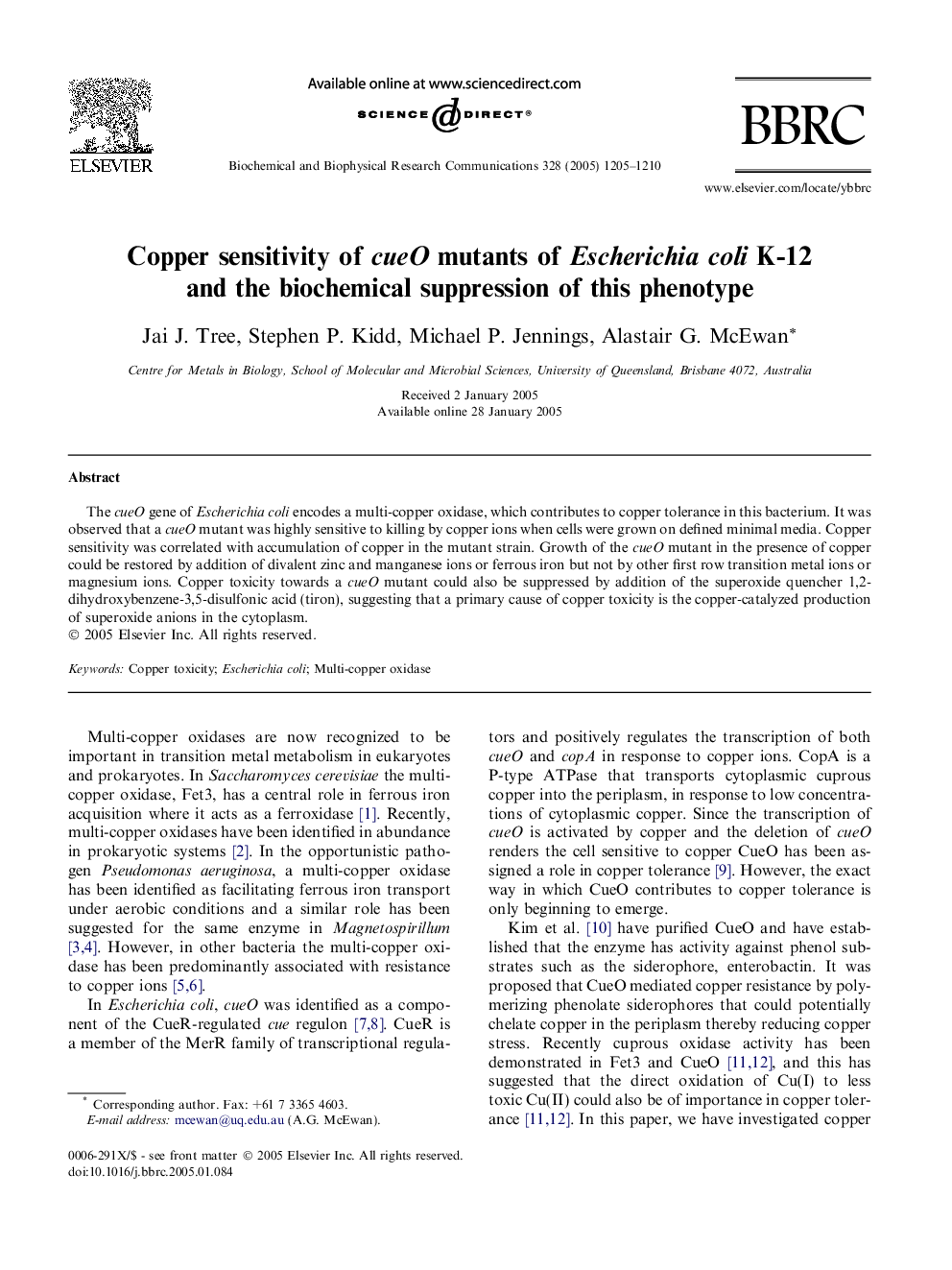 Copper sensitivity of cueO mutants of Escherichia coli K-12 and the biochemical suppression of this phenotype