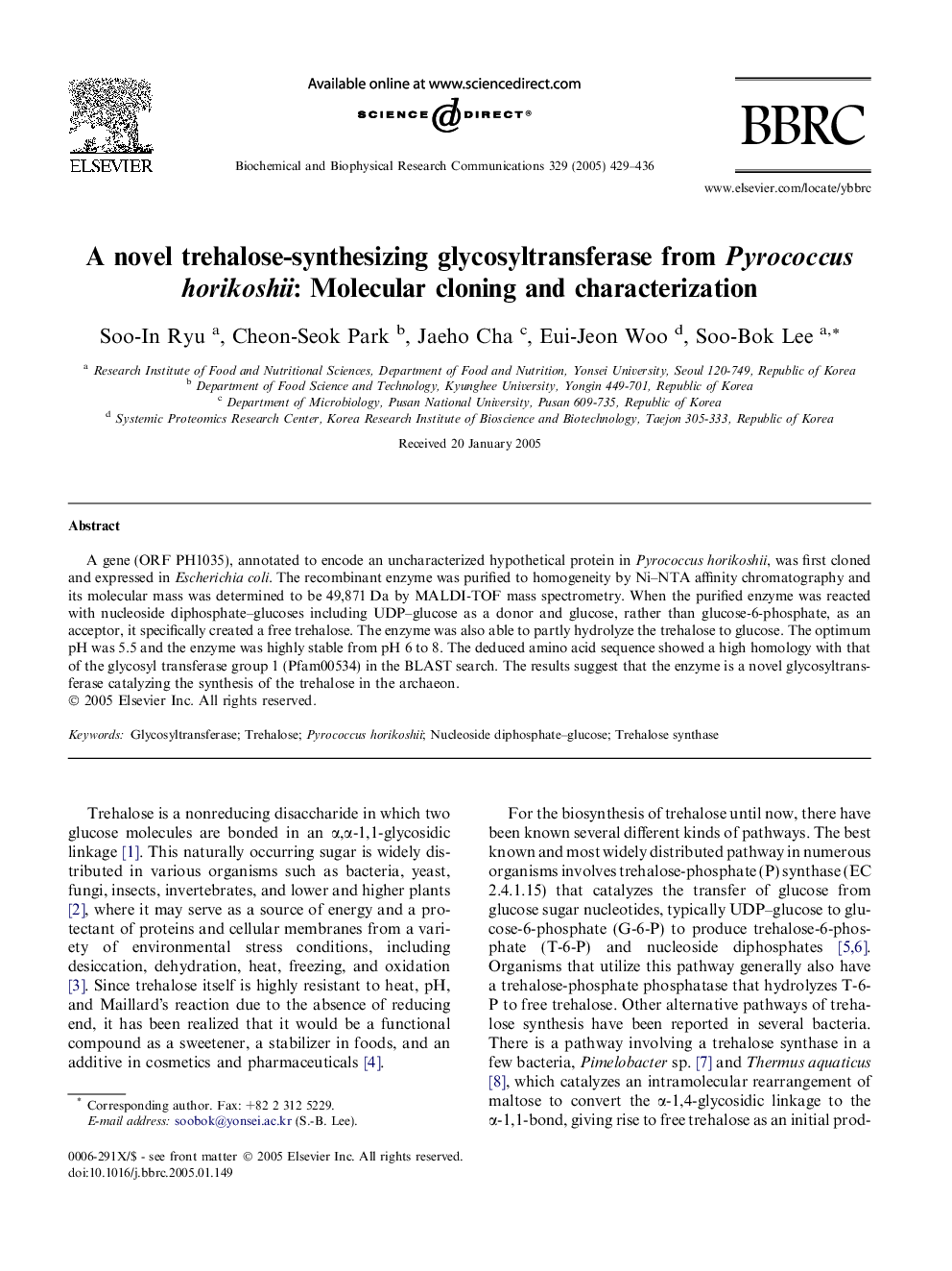 A novel trehalose-synthesizing glycosyltransferase from Pyrococcus horikoshii: Molecular cloning and characterization