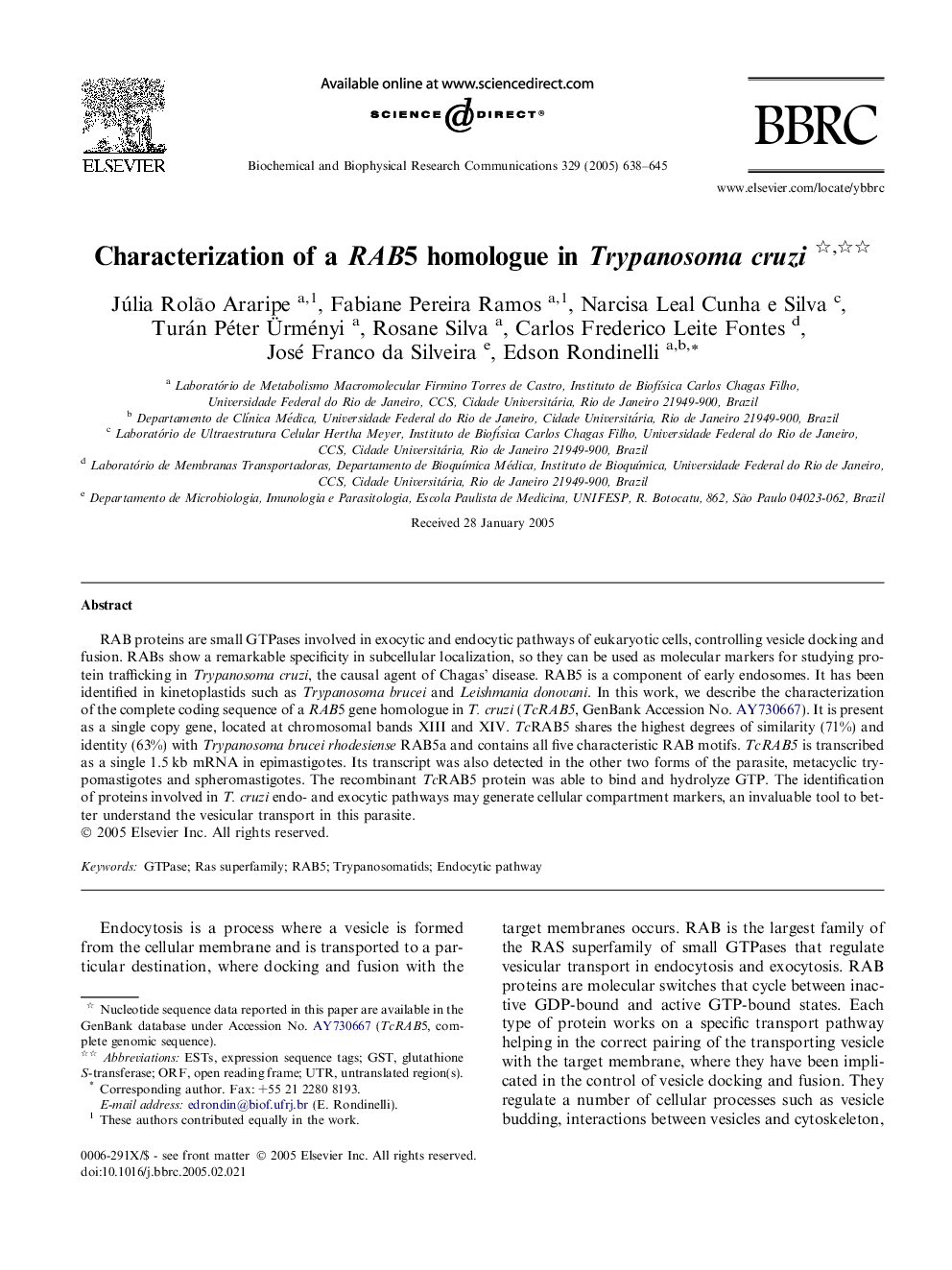 Characterization of a RAB5 homologue in Trypanosoma cruzi