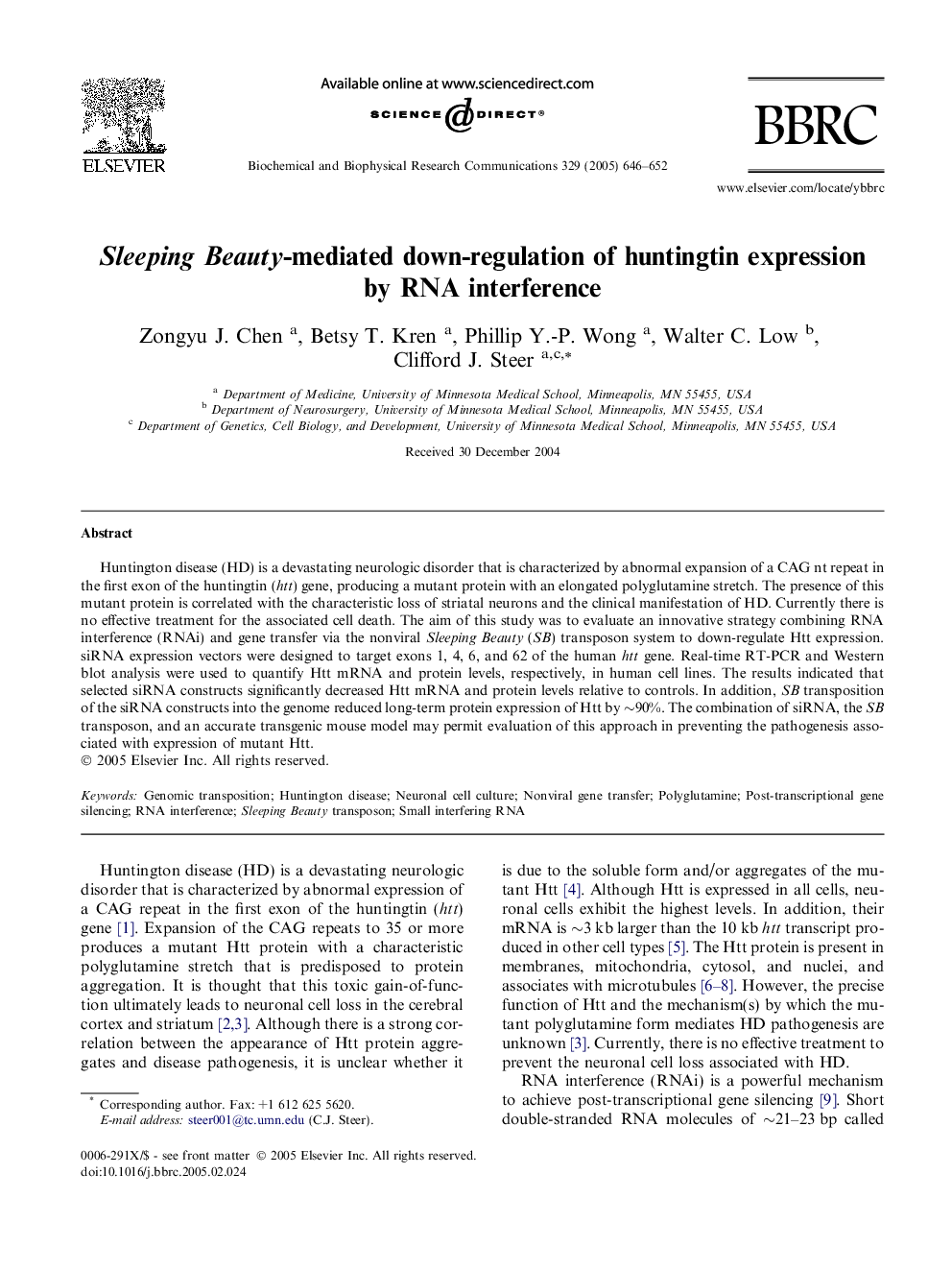 Sleeping Beauty-mediated down-regulation of huntingtin expression by RNA interference