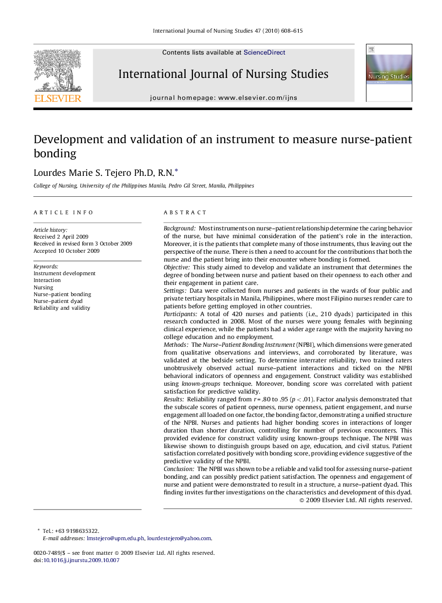 Development and validation of an instrument to measure nurse-patient bonding
