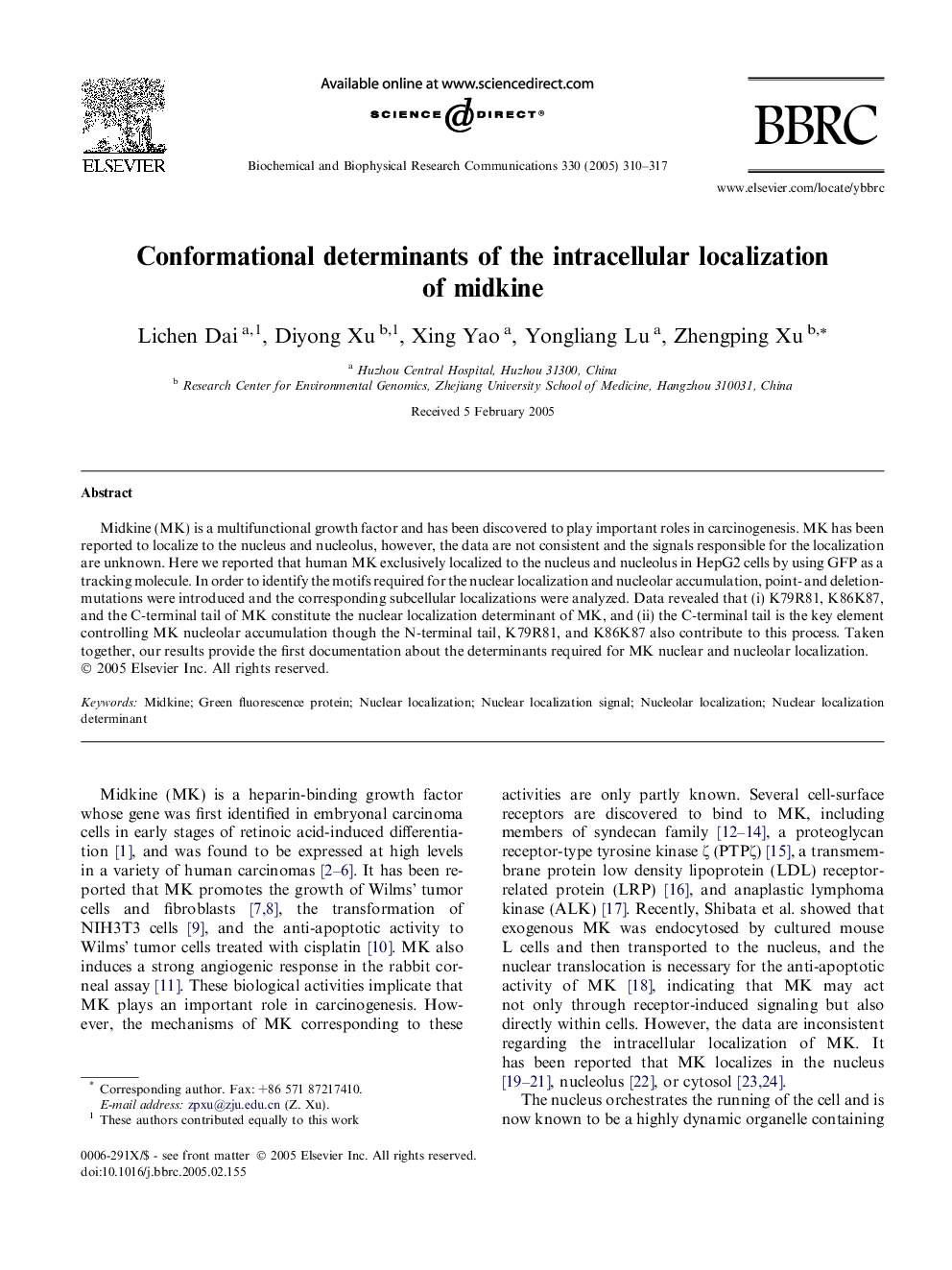 Conformational determinants of the intracellular localization of midkine