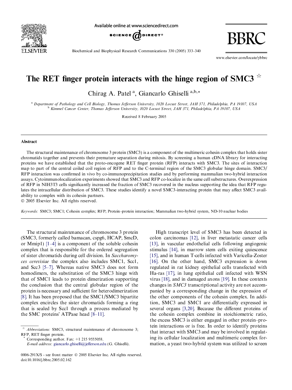 The RET finger protein interacts with the hinge region of SMC3