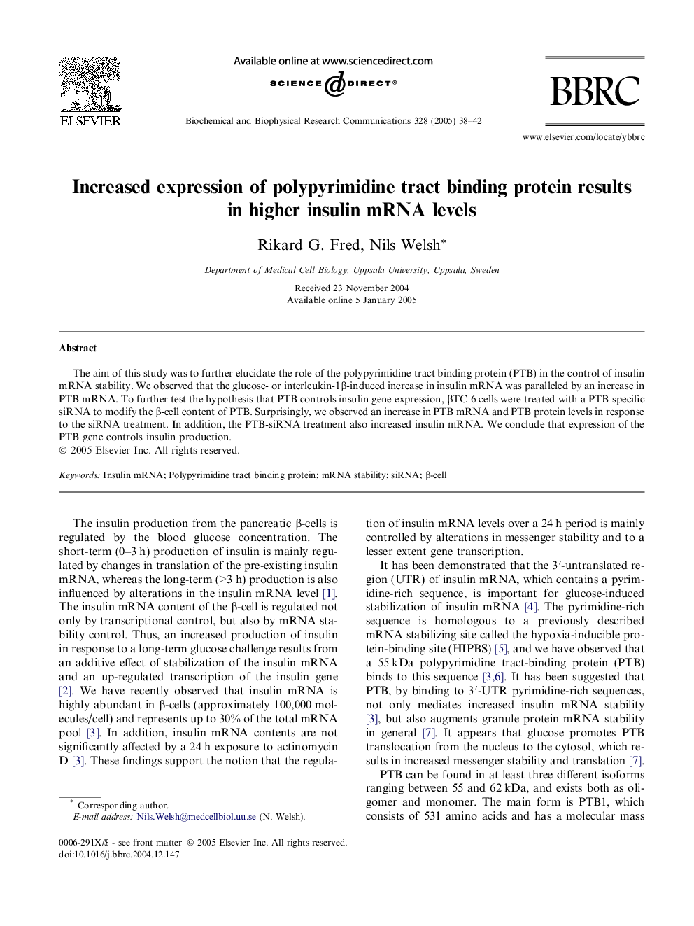 Increased expression of polypyrimidine tract binding protein results in higher insulin mRNA levels