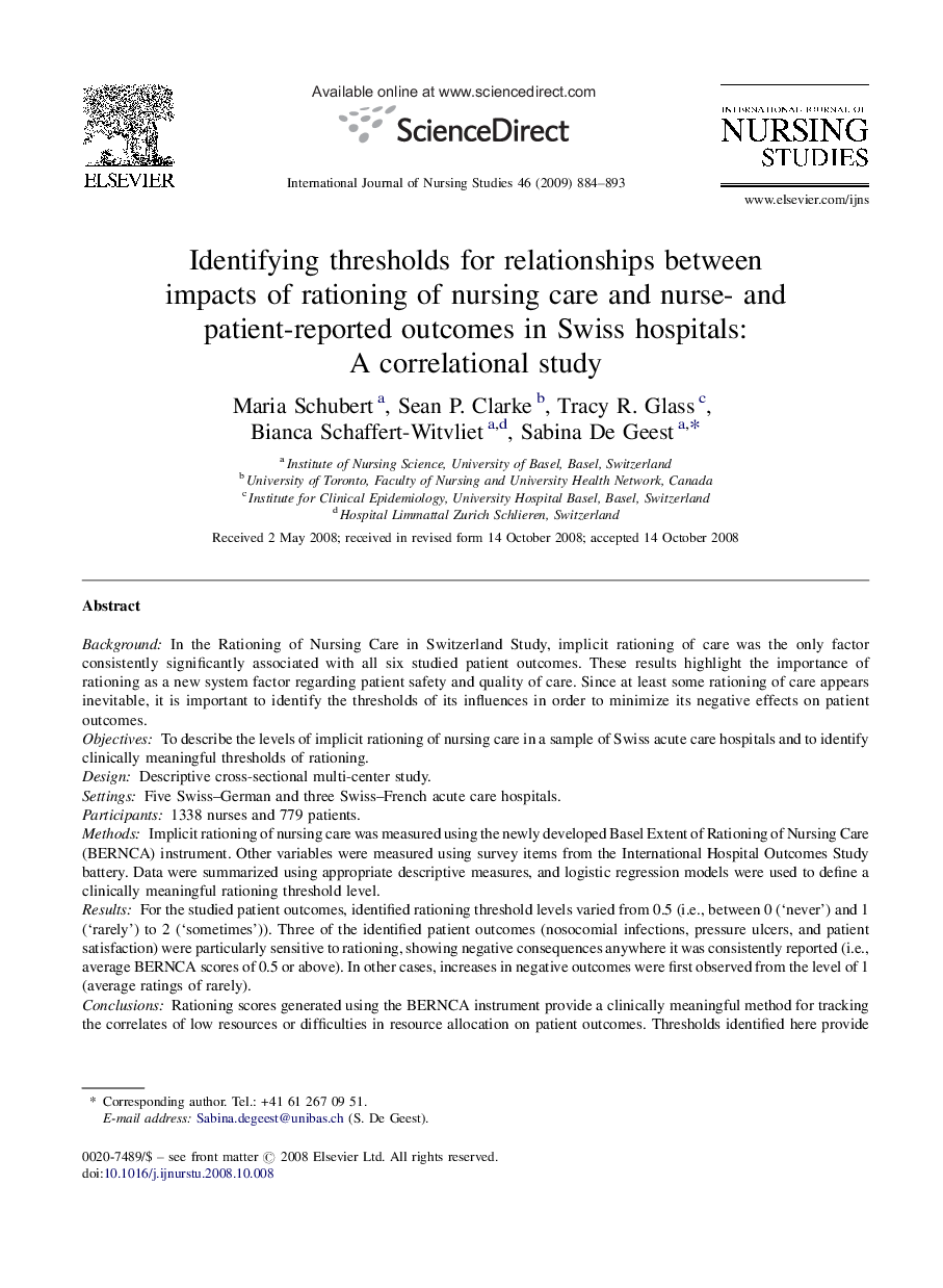 Identifying thresholds for relationships between impacts of rationing of nursing care and nurse- and patient-reported outcomes in Swiss hospitals: A correlational study