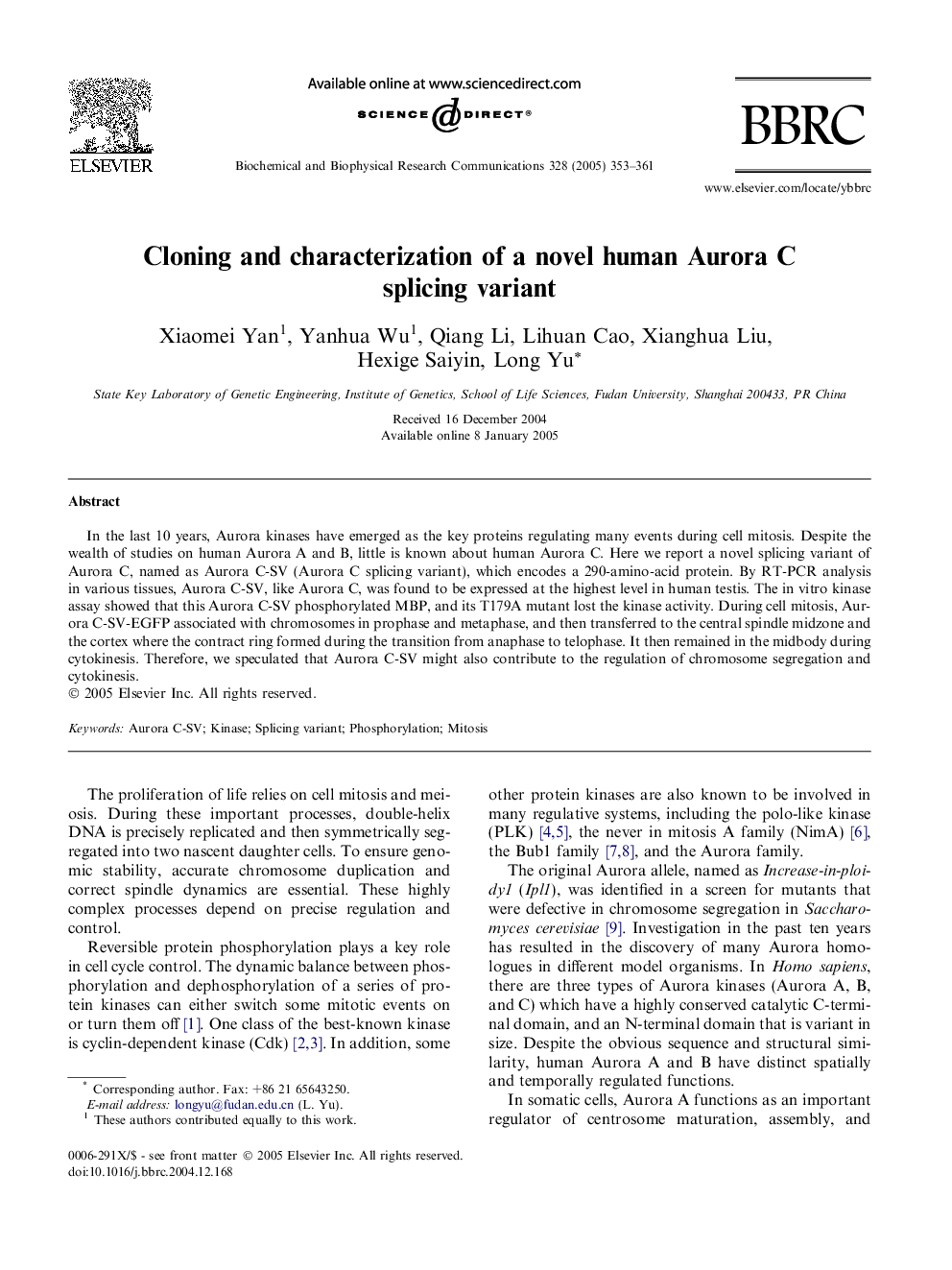 Cloning and characterization of a novel human Aurora C splicing variant