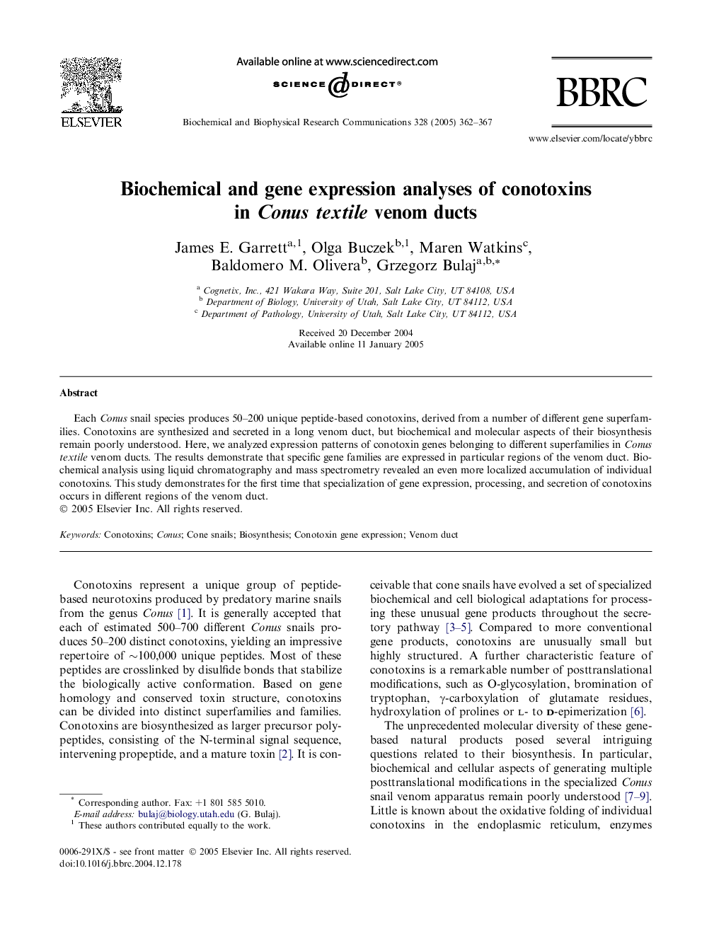 Biochemical and gene expression analyses of conotoxins in Conus textile venom ducts