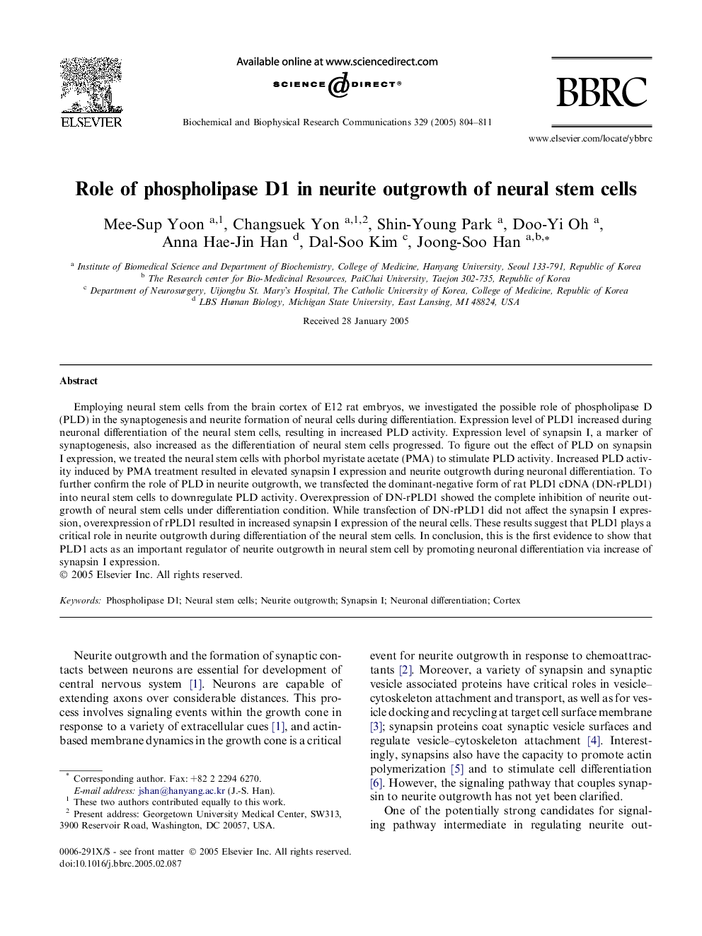 Role of phospholipase D1 in neurite outgrowth of neural stem cells