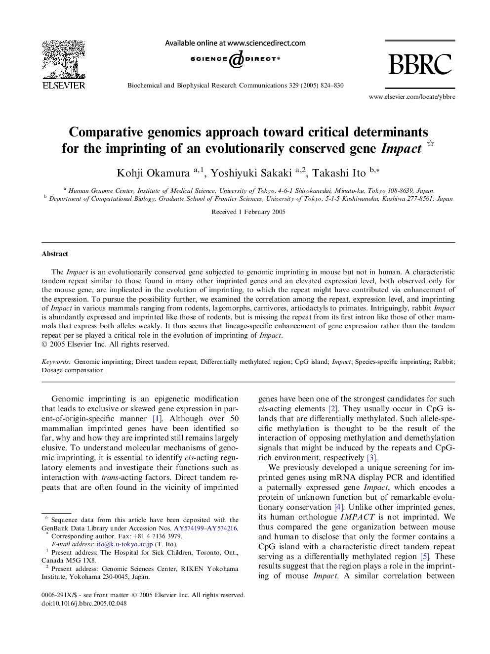 Comparative genomics approach toward critical determinants for the imprinting of an evolutionarily conserved gene Impact