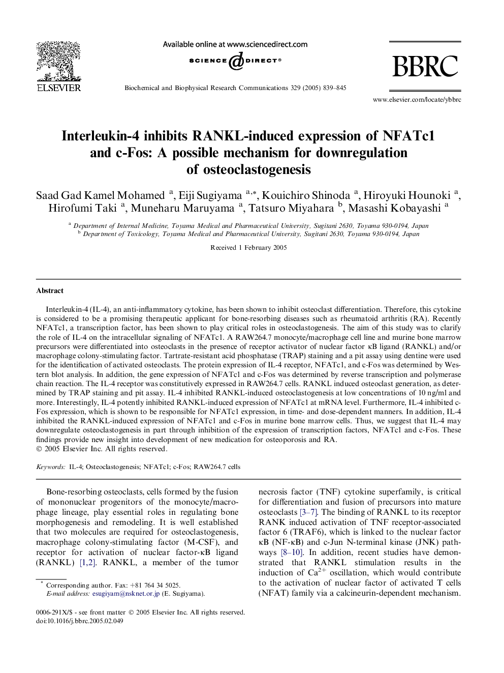 Interleukin-4 inhibits RANKL-induced expression of NFATc1 and c-Fos: A possible mechanism for downregulation of osteoclastogenesis