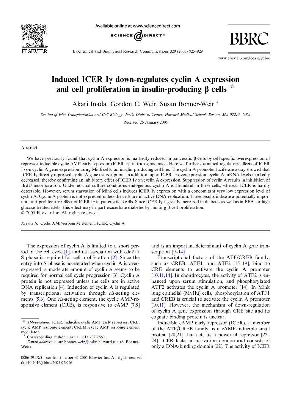 Induced ICER IÎ³ down-regulates cyclin A expression and cell proliferation in insulin-producing Î² cells