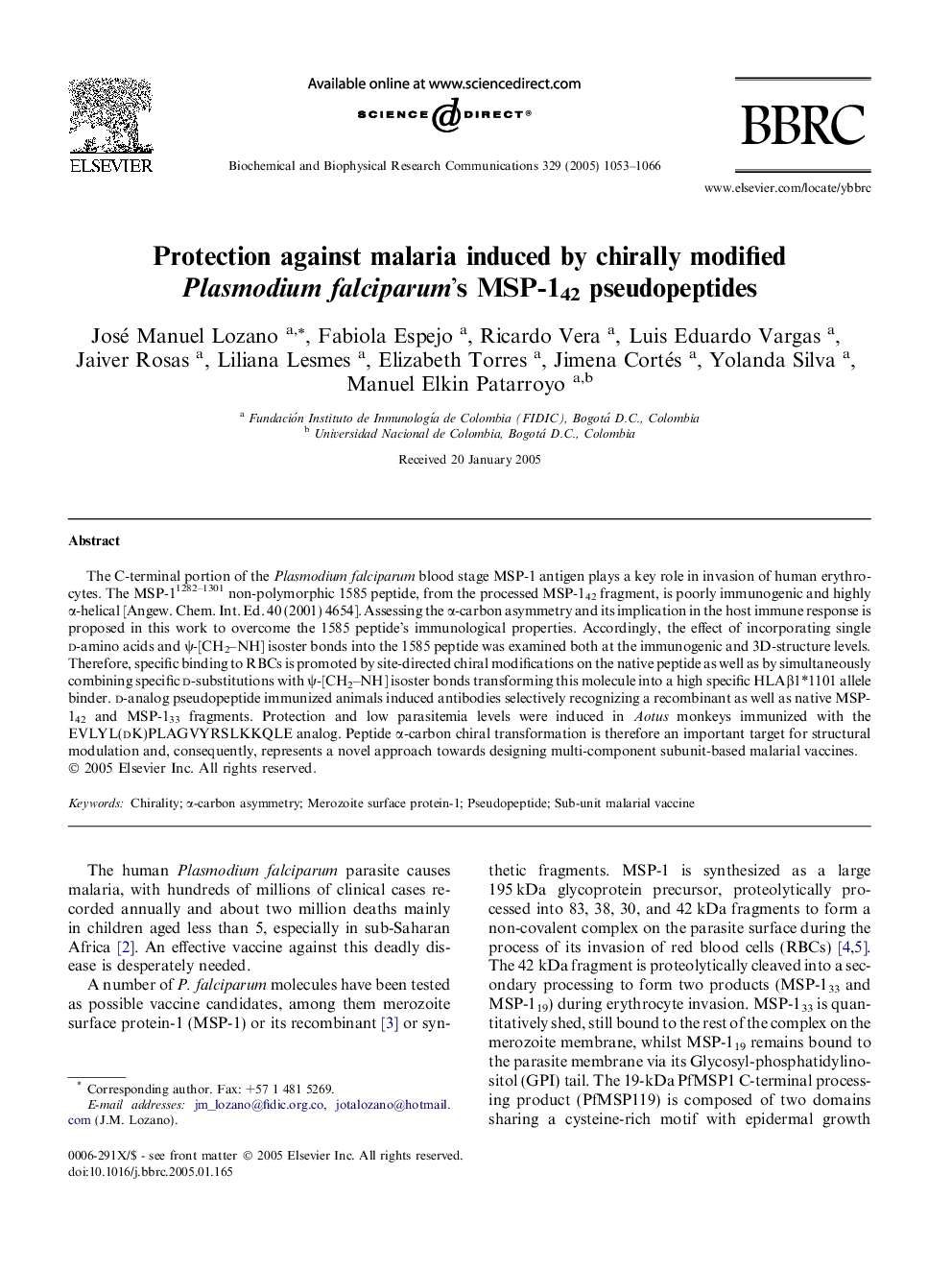 Protection against malaria induced by chirally modified Plasmodium falciparum's MSP-142 pseudopeptides