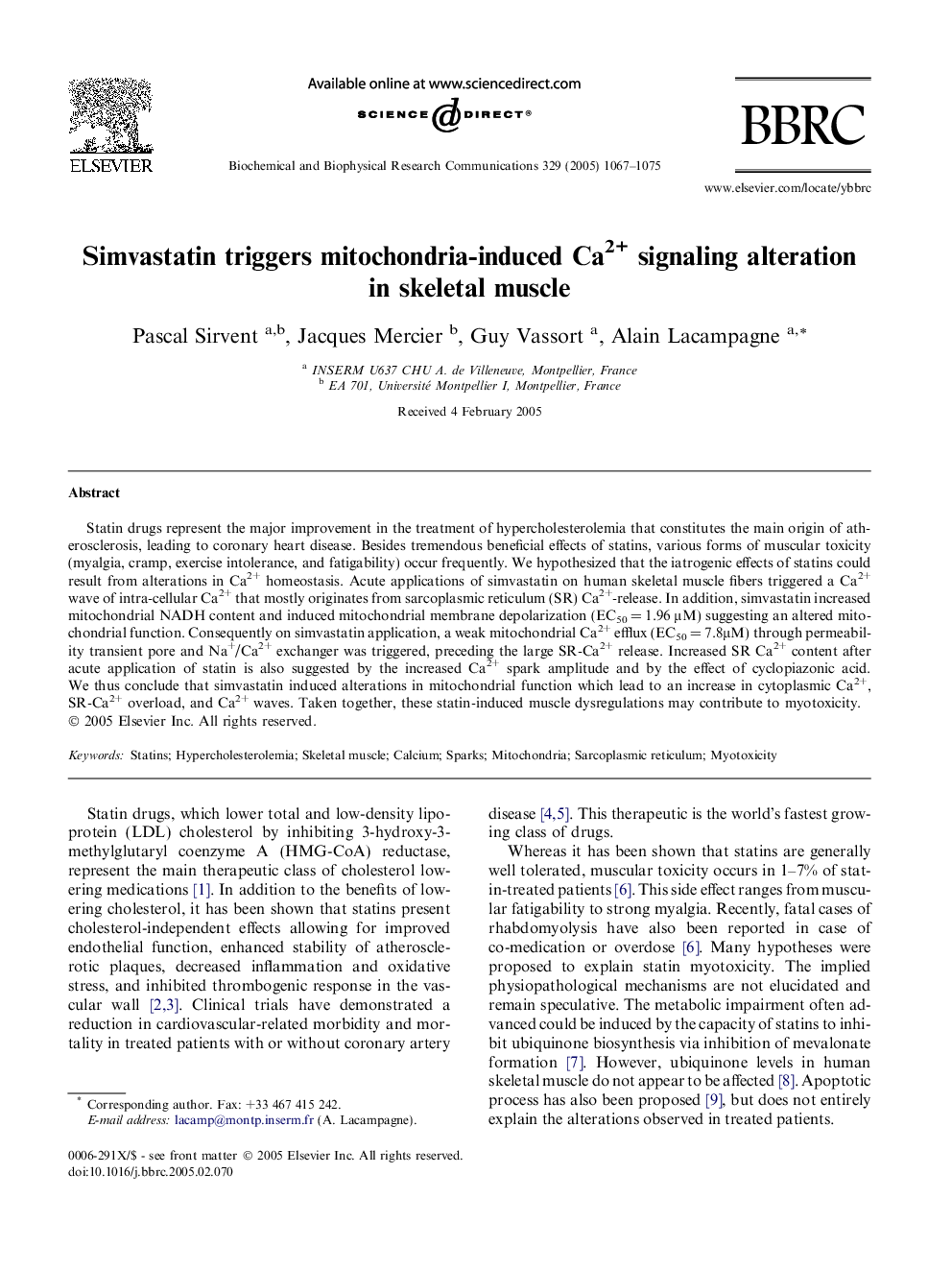 Simvastatin triggers mitochondria-induced Ca2+ signaling alteration in skeletal muscle