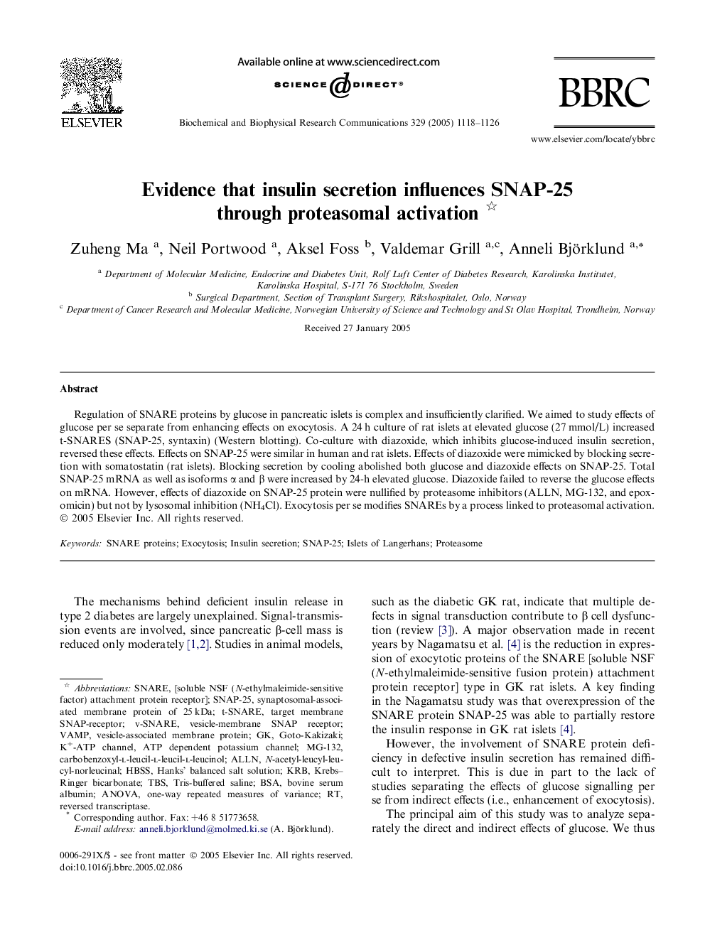 Evidence that insulin secretion influences SNAP-25 through proteasomal activation