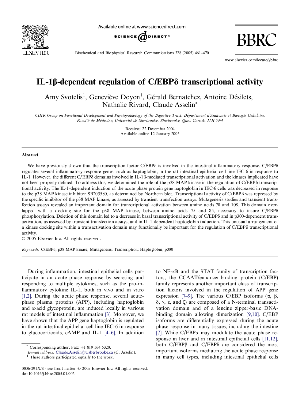 IL-1Î²-dependent regulation of C/EBPÎ´ transcriptional activity