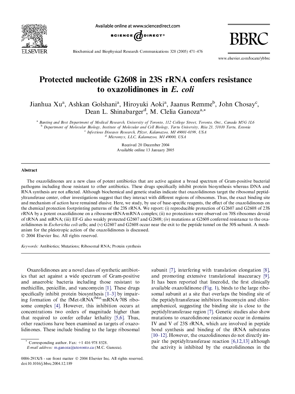 Protected nucleotide G2608 in 23S rRNA confers resistance to oxazolidinones in E. coli