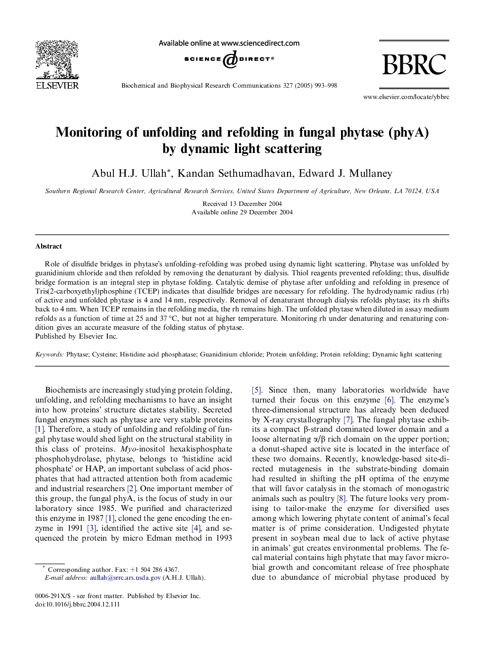 Monitoring of unfolding and refolding in fungal phytase (phyA) by dynamic light scattering