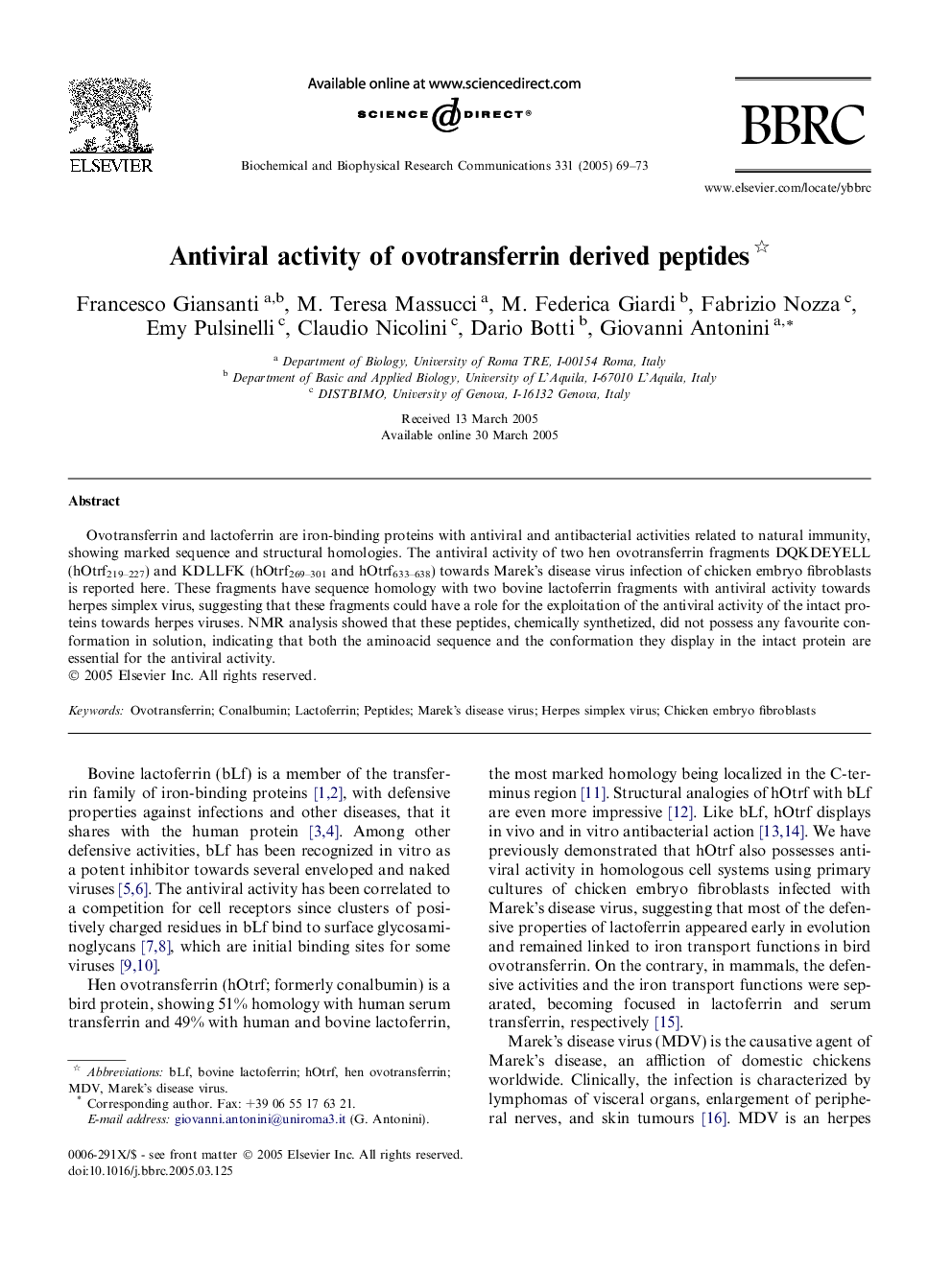 Antiviral activity of ovotransferrin derived peptides