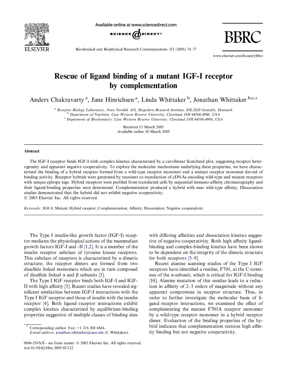 Rescue of ligand binding of a mutant IGF-I receptor by complementation