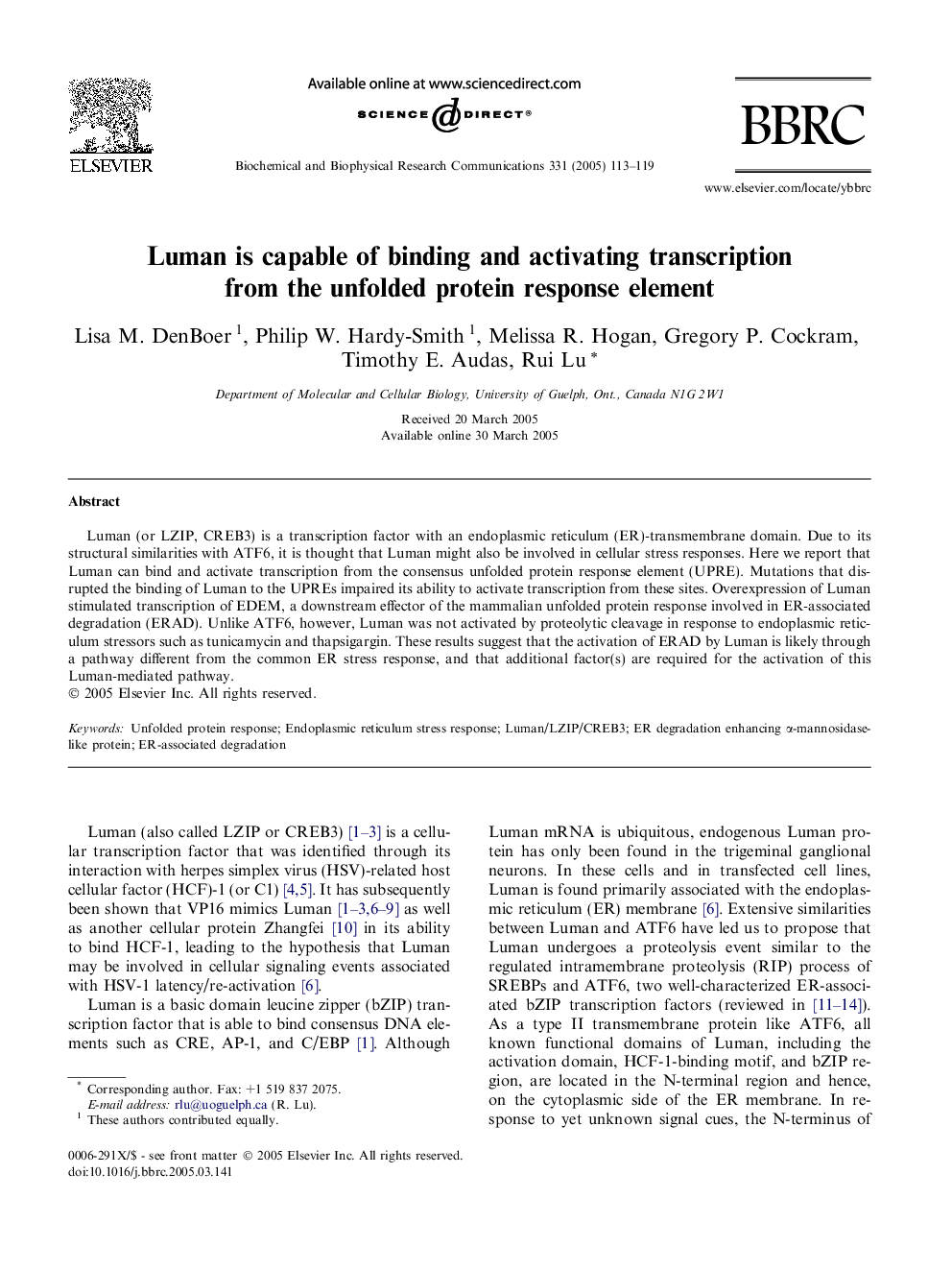 Luman is capable of binding and activating transcription from the unfolded protein response element