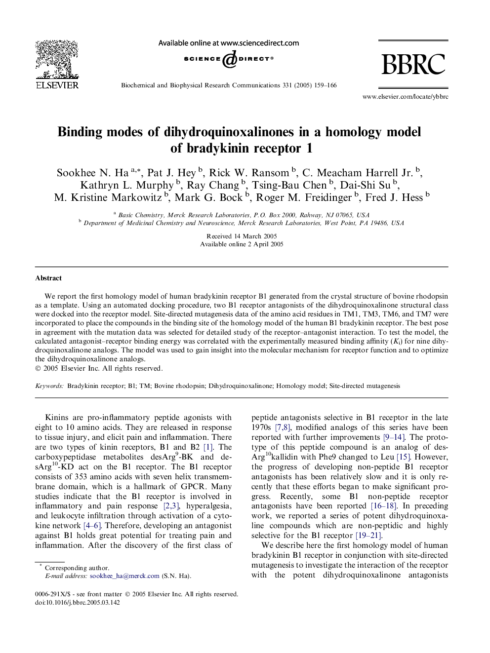 Binding modes of dihydroquinoxalinones in a homology model of bradykinin receptor 1