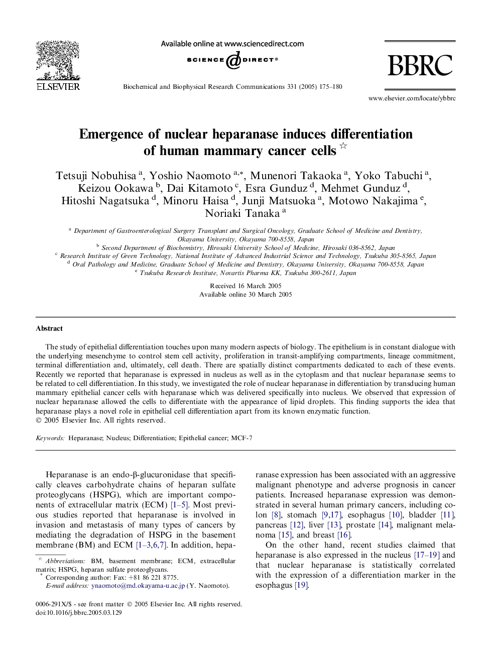 Emergence of nuclear heparanase induces differentiation of human mammary cancer cells